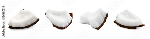 Set with pieces of ripe coconuts on white background. Banner design