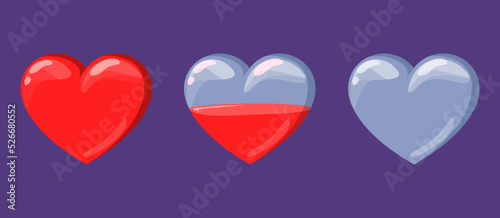 Heart icons vector isolated. Game art, set of life symbols. Full, half full and empty heart. Level of health indication.
