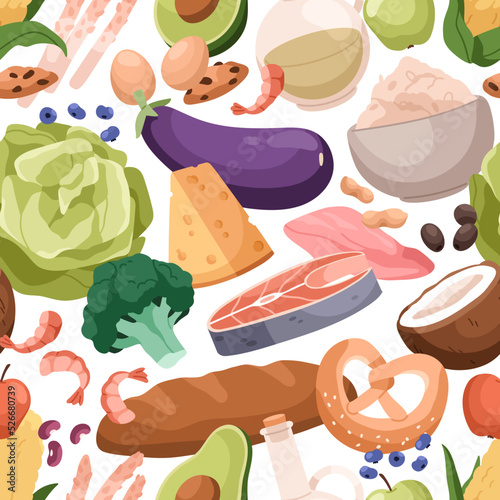 Seamless healthy food pattern. Background design with fruits, vegetables, fis...
