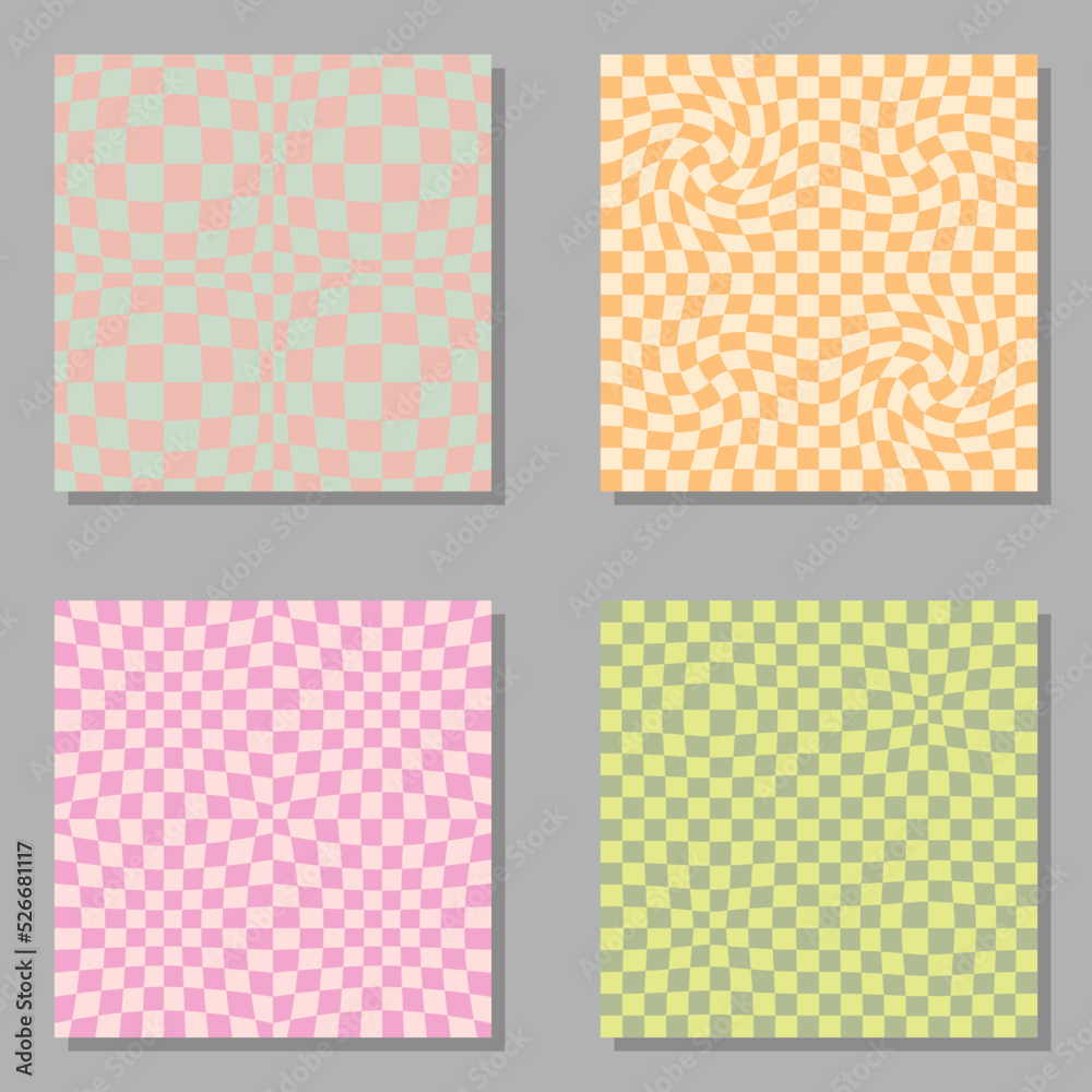 Trippy grid, wavy checkerboard seamless pattern collection. Groovy vector background for decor and design. Trippy grid, wavy checkerboard seamless pattern collection. Groovy vector background for decor and design.