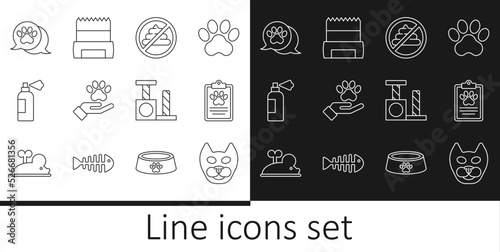Set line Cat, Clinical record pet, No shit, Hands with animals footprint, Pet shampoo, Paw, scratching post and Dog bag icon. Vector