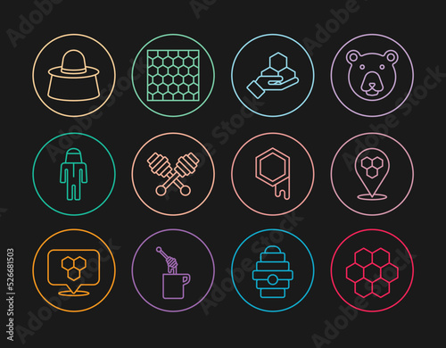 Set line Honeycomb, bee location, and hand, dipper stick, Beekeeper with protect hat, and icon. Vector