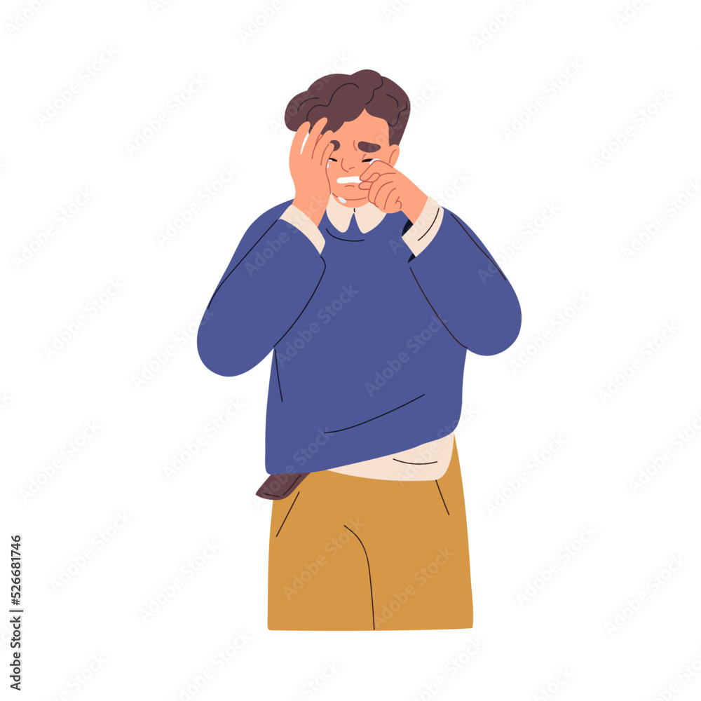 Crying unhappy man in grief, despair. Upset desperate person in sorrow, weeping, wiping tears with hands, suffering from problem. Flat graphic vector illustration isolated on white background Crying unhappy man in grief, despair. Upset desperate person in sorrow, weeping, wiping tears with hands, suffering from problem. Flat graphic vector illustration isolated on white background