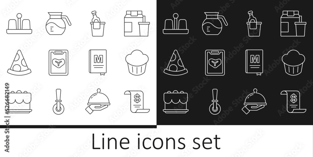 Set line Paper or financial check, Cupcake, Champagne ice bucket, Restaurant cafe menu, Slice of pizza, Salt and pepper, and Coffee pot icon. Vector