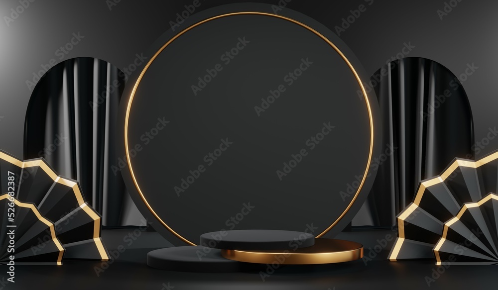 3D rendering of blank product background for cream cosmetics Modern black podium background