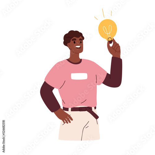 Happy smart person finding solution, having brilliant idea, lightbulb. Business concept of insight, creative thought, inspiration. Flat graphic vector illustration isolated on white background