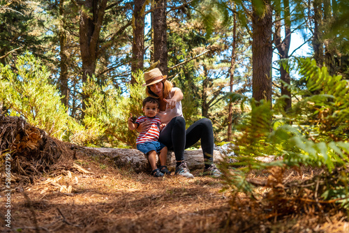 Portrait of a mother with her son sitting on a tree in nature next to pine trees