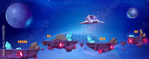 Space game background with spaceship and floating islands in cosmos. Galaxy with alien planets, stars, flying platforms with gold coins and shuttle, vector cartoon illustration for game level