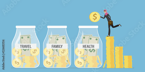 Saving money with various glass jars. Money to spend for family, health, expenses for travel. Family budget, money management. Arabic woman savings finance for rainy day.