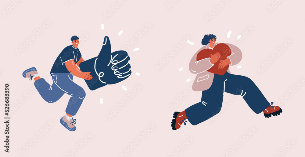 Vector illustration of Man and woman run and show approval gesture. Thumb up and heart symbol
