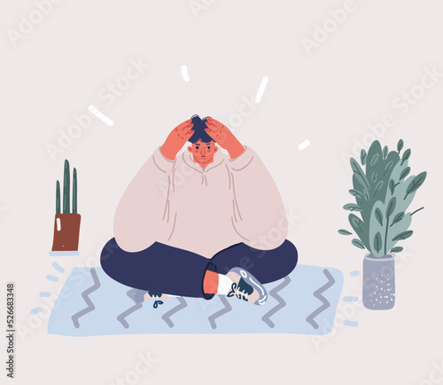Vector illustration of Young depressed male character sitting on the floor and holding his head, mental health issues