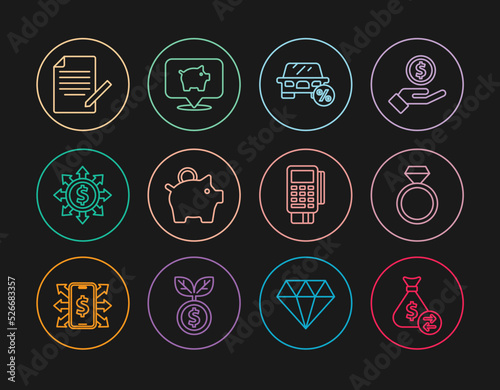 Set line Money bag, Diamond engagement ring, Car leasing percent, Piggy bank, Dollar, share, network, Document and pen, POS terminal with credit card and icon. Vector