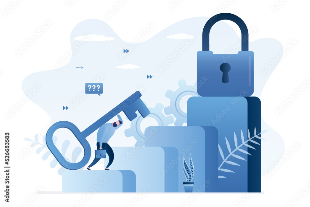 Tired businessman drags huge key to padlock. Loser entrepreneur cannot up to career ladder and open way to success. Unsuccessful employee cannot overcome obstacles in work and achieve goals. Tired businessman drags huge key to padlock. Loser entrepreneur cannot up to career ladder and open way to success. Unsuccessful employee cannot overcome obstacles in work and achieve goals.