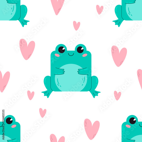 The Green Frog with hearts. Pattern with cute cartoon animals. Kawaii children s print with pets. Vector illustration for fabric  paper  wallpaper  packaging