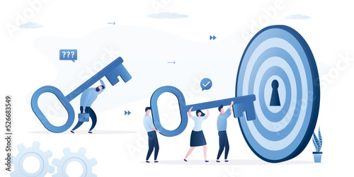 Successful team runs with big key. Loner loses the competition to the group. Unlock target, hit target. Achievement of success, goals. Overcoming obstacles, problems. Motivation to teamwork.