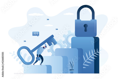Tired businessman drags huge key to padlock. Loser entrepreneur cannot up to career ladder and open way to success. Unsuccessful employee cannot overcome obstacles in work and achieve goals.