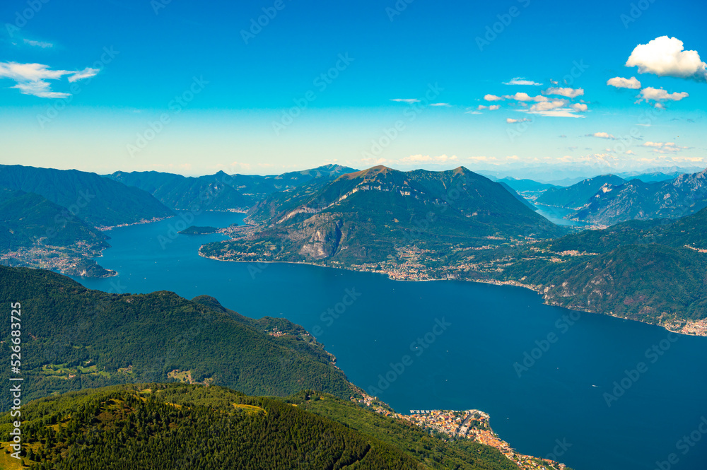 Panorama on Lake Como, with Bellagio, Tremezzina, Villa Balbianello, a glimpse of Lake Lugano, photographed from Alpe Giumello.
