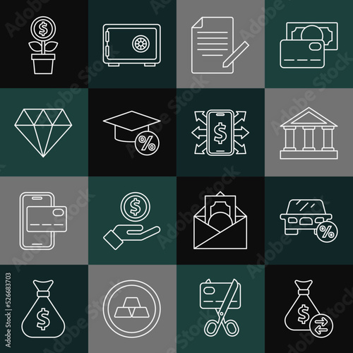 Set line Money bag, Car leasing percent, Bank building, Document and pen, Graduation cap coin, Diamond, Dollar plant and Smartphone with dollar icon. Vector