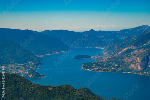 Panorama on Lake Como, with Bellagio, Tremezzina, Villa Balbianello, a glimpse of Lake Lugano, photographed from Alpe Giumello. 