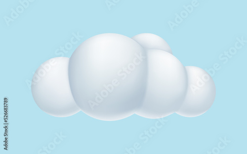 Cloud 3d. Cartoon render icon. Cute bubble for spring weather and sky. White realistic fluffy balloon isolated on blue background. Graphic abstract cloudy illustration for decorative. Vector