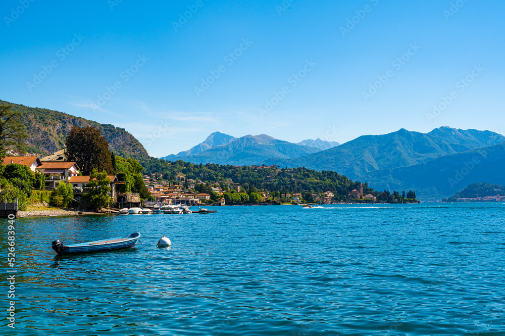 Panorama on Lake Como, with the villages of Tremezzina, Bellagio and the mountains that overlook them.
