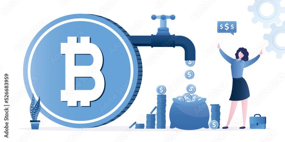 Woman entrepreneur with profit from bitcoin trading. Huge cryptocurrency with pipeline and open tap, dollar coins fall from pipe. Happy trader making money. Cash flow from crypto market. Woman entrepreneur with profit from bitcoin trading. Huge cryptocurrency with pipeline and open tap, dollar coins fall from pipe. Happy trader making money. Cash flow from crypto market.