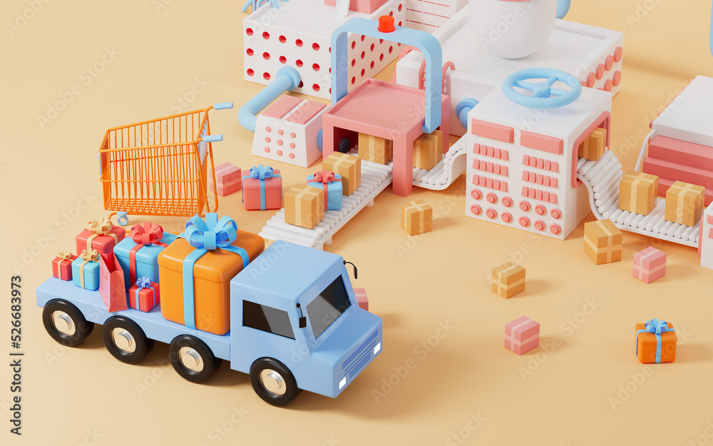 Gifts on the truck, shopping cart and conveyor, logistics and shopping concept, 3d rendering.