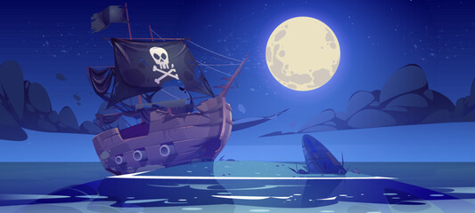 Wandcirkels Piraten Verlaten piratenwrak bij maanlicht  © klyaksun