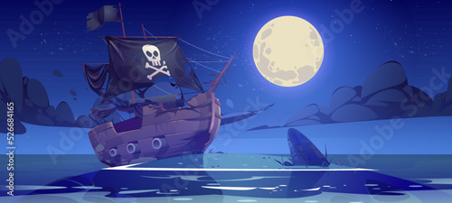 Small island in sea with broken pirate ship at night. Vector cartoon illustration of ocean beach landscape with abandoned old wooden corsair boat with black flag and sails after shipwreck