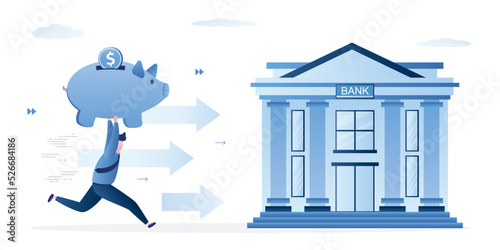Man fast runs with piggy bank to financial building. Protection of savings in bank. High percentage of profit on bank deposit. Smart businessman, money management.