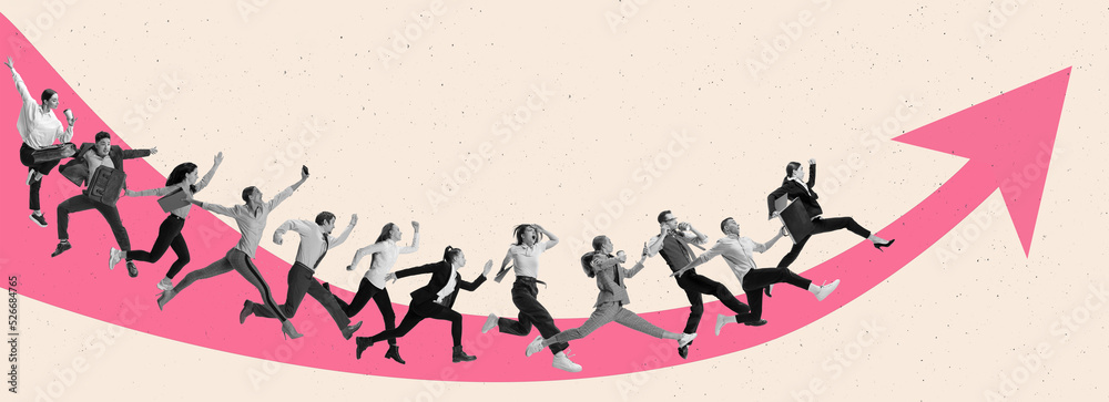 Creative design. Contemporary art collage. Motivated and concentrated employees running upwards the arrow. Professional growth and promotion - obrazy, fototapety, plakaty 