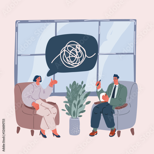 Vector illustration of mentor coach worker talking. Woman consulting a psychologist