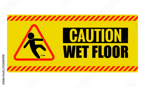 Printable rectangle label sticker design wet Floor sign, red black triangle with falling man in modern rounded style. caution slippery surface Isolated vector illustration.