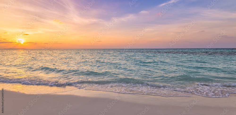 Closeup sea sand beach. Panoramic beach landscape. Inspire tropical beach seascape horizon. Golden dream sunset sky, calm tranquil relaxing sunlight summer shore waves. Vacation travel holiday banner