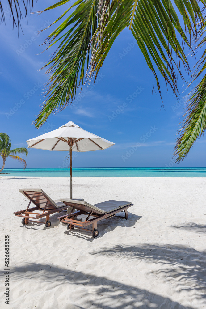 Beautiful beach. Couple chairs paradise island beach near sea palm. Summer holiday vacation tourism banner. Amazing tropical travel landscape. Tranquil relaxing beach panorama. Closeup sea sand sky