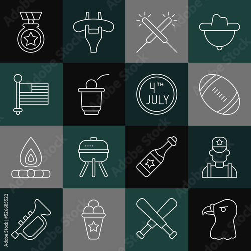 Set line Eagle head, Sheriff cowboy, American Football ball, Sparkler firework, Beer pong game, flag, Medal with star and Calendar date July 4 icon. Vector