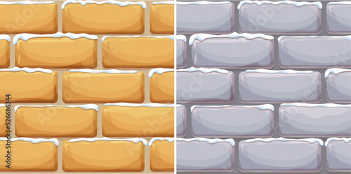 Brick wall with snow, stone bricks, rock surface in cartoon style, winter seamless background. Ui game asset, pavement or road. Textured and detailed.