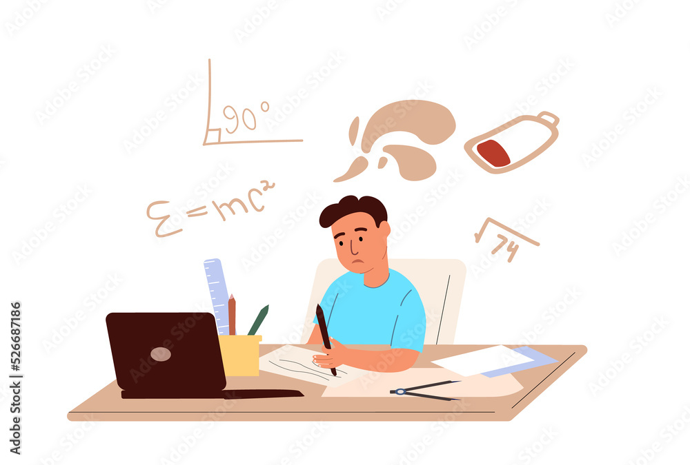 Tired overworked pupil boy sit sad and studying,learning math science.Exhausted fatigue kid,tired overload head,sit at computer desk,school learning.Flat vector illustration isolated isolated on white Tired overworked pupil boy sit sad and studying,learning math science.Exhausted fatigue kid,tired overload head,sit at computer desk,school learning.Flat vector illustration isolated isolated on white