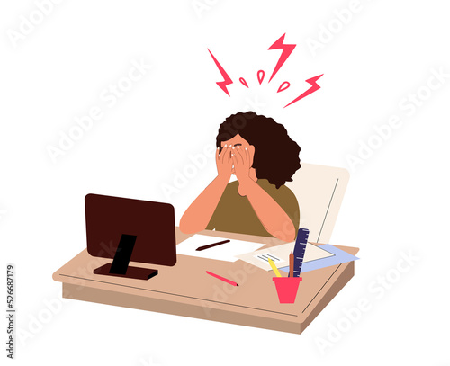 Tired Nervous Angry overworked employee at workplace.Exhausted fatigue office worker with exploded head,sit at computer desk,overloaded with work.Flat vector illustration isolated on white background