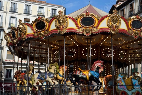 Madrid  Spain  August 25  2022  Classical carousel with animal characters in the city center of Madrid   