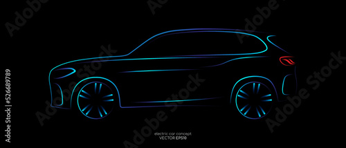 Modern SUV car sketch line silhouette blue and green light isolated on black background in side view. Vector illustration in concept technology electric car, self drive car