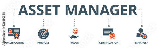 Asset manager banner web icon vector illustration concept with icon of qualification, purpose, value, certification and manager