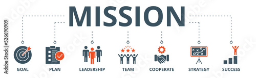 Mission banner web icon vector illustration concept with icon of goal, plan, leadership, team, cooperate, strategy and success