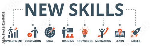 New skills banner web icon vector illustration concept with icon of development, occupation, goal, training, knowledge, motivation, learn and career