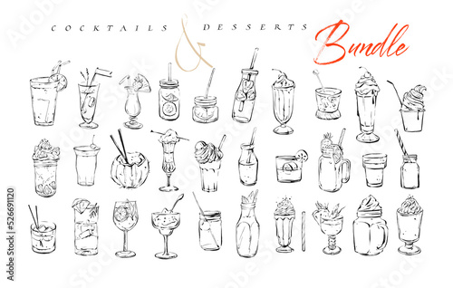 Hand drawn vector graphic textured artistic bar menu ink collection set sketch illustrations drawing bundle of alcohol and sweet desserts cocktails drinks in glass isolated on white background.