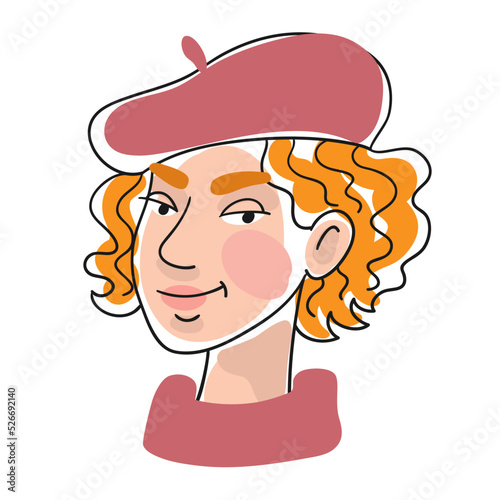 Portrait of a beautiful young woman in a red beret. Line style with colored spots. Isolated on white background. Vector flat illustration