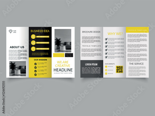 Yellow-black tri-fold brochure with photo.