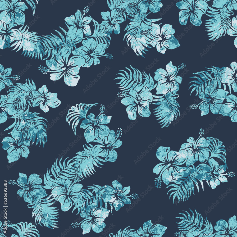 Hibiscus flowers with tropical leaves blue grunge wallpaper vector seamless pattern 