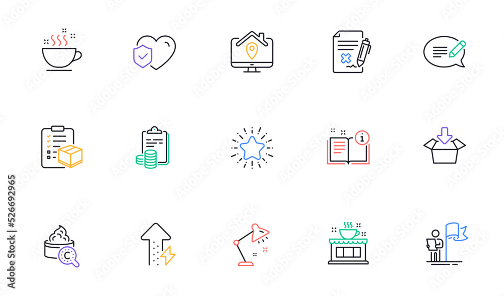 Collagen skin, Coffee shop and Star line icons for website, printing. Collection of Energy growing, Life insurance, Parcel checklist icons. Work home, Message, Manual web elements. Vector Collagen skin, Coffee shop and Star line icons for website, printing. Collection of Energy growing, Life insurance, Parcel checklist icons. Work home, Message, Manual web elements. Vector