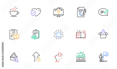 Collagen skin, Coffee shop and Star line icons for website, printing. Collection of Energy growing, Life insurance, Parcel checklist icons. Work home, Message, Manual web elements. Vector